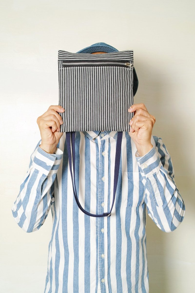 Back-to-school season STRIPE-handmade zippered striped denim canvas carry-on crossbody/camera/storage bag - Messenger Bags & Sling Bags - Cotton & Hemp Blue