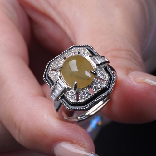瓔珞珠寶盒 E.L.Jewelry Box 冰種黃翡翡翠蛋面戒指 925純銀 | 天然緬甸玉翡翠A貨 | 送禮