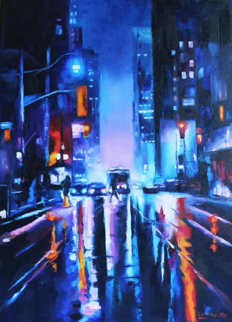 New York Oil Painting Night City Original Art New York City Skyline Painting - 壁貼/牆壁裝飾 - 其他材質 藍色