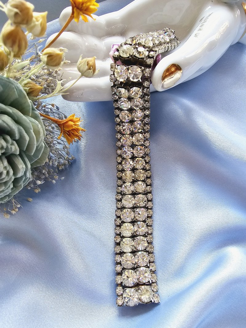 寬版雙排圓白鑽復古手鍊/復古珠寶首飾/美國西洋古董飾品 - 手鍊/手環 - 其他金屬 