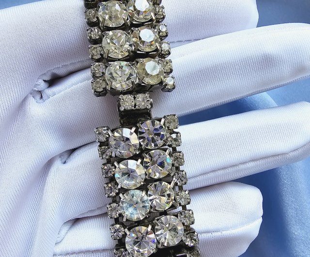 Wide Double Row Round White Diamond Vintage Bracelet Vintage