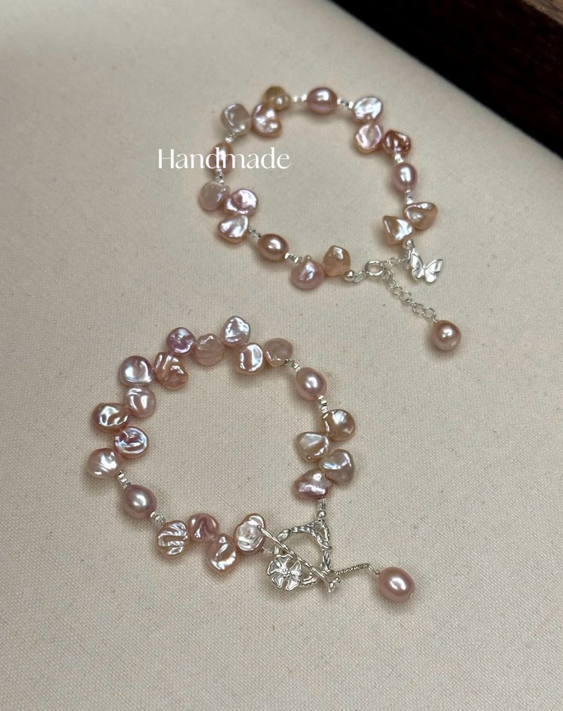 YuanPearl natural baroque pearl purple pink pearl pure silver bracelet petal pearl butterfly bracelet - Bracelets - Pearl White