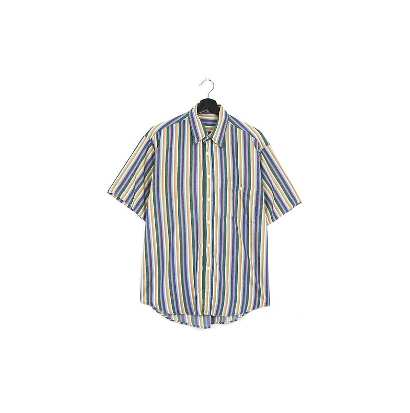 Back to Green- green Khaki short-sleeved striped shirt interwoven lines / vintage shirts - เสื้อเชิ้ตผู้ชาย - ผ้าฝ้าย/ผ้าลินิน 