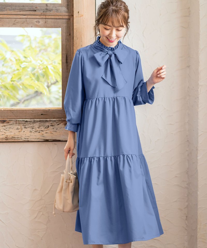 One piece stand collar with ribbon / and Cherim - One Piece Dresses - Cotton & Hemp Blue