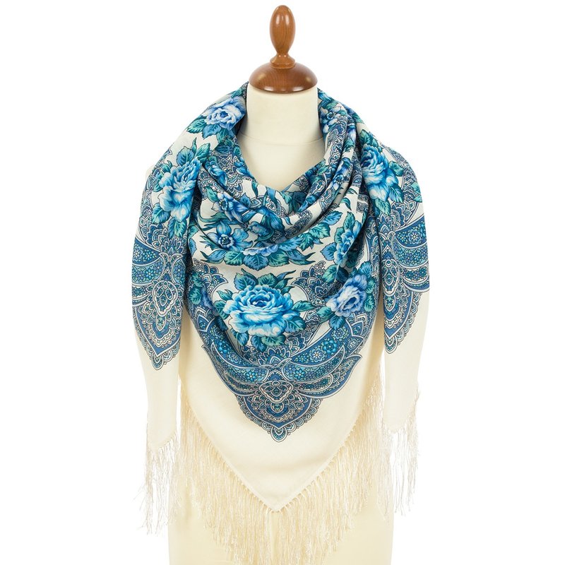 Pavlovo Posad Russian Shawl 100% Wool Scarf 125x125 cm Wrap Silk Fringe 1980-1 - 絲巾 - 羊毛 白色