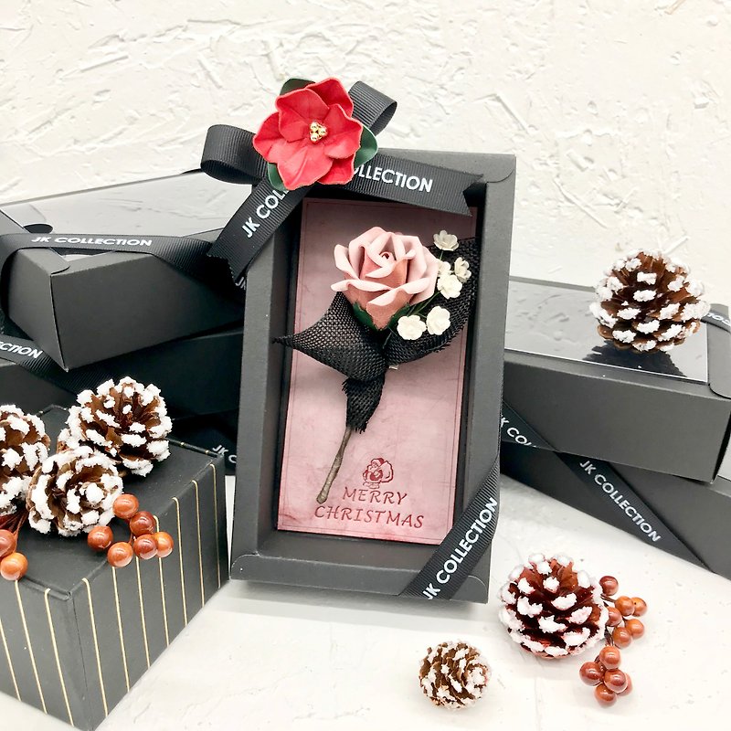 【Christmas Special】Mini-Leather Rose with Baby's Breath Bouquet Pin Boxset - Brooches - Genuine Leather Multicolor