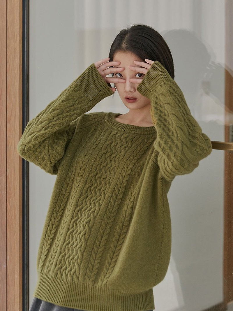 Moss Green 50% Cashmere Cashmere Sweater Round Neck Loose Strand Vintage Retro Warm Sweater - Women's Sweaters - Wool Green