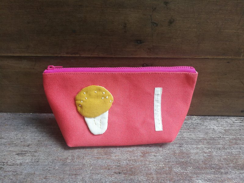 Yellow mushroom zipper storage bag / coral red bottom - กระเป๋าเครื่องสำอาง - กระดาษ สีเหลือง
