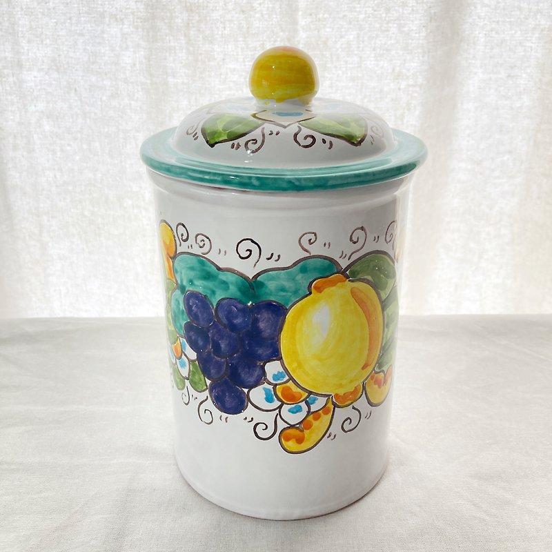 canister pottery with lid majolica italian pottery lemon pomegranate - Other - Pottery Yellow