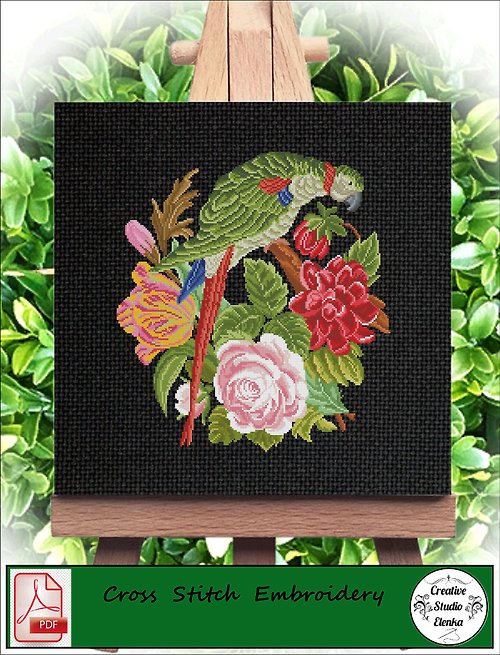 CreativeStudioElenka Vintage Cross Stitch Scheme Green parrot 2 - PDF Embroidery Scheme