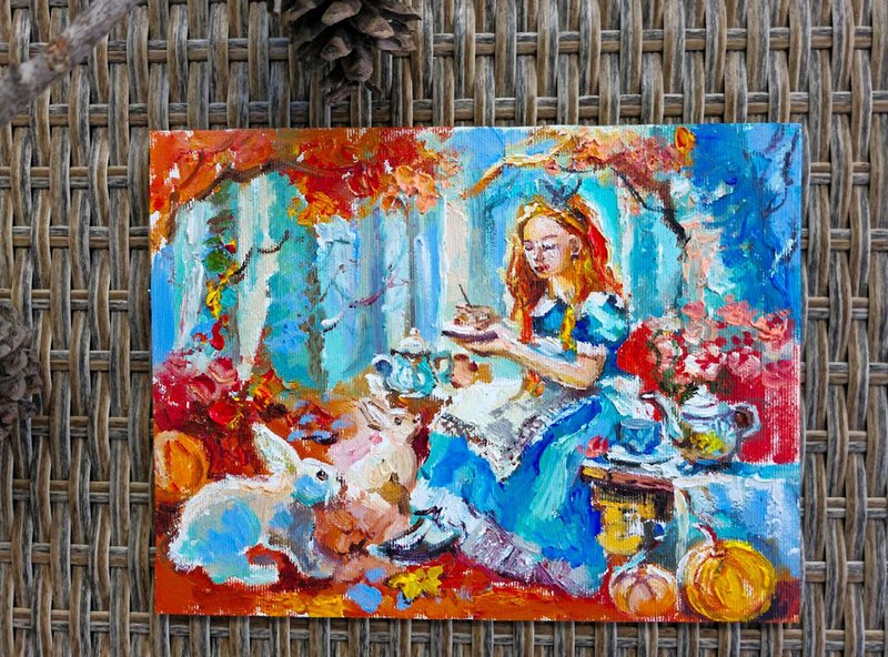 Alice in Wonderland, miniature oil on canvas - ตกแต่งผนัง - วัสดุอื่นๆ สีส้ม