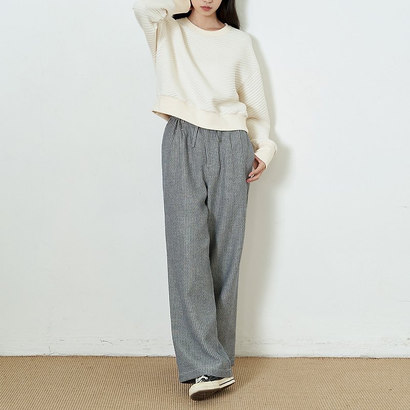 Linen linen yarn-dyed fabric retro striped wide-leg pants P210603 - กางเกงขายาว - ผ้าฝ้าย/ผ้าลินิน สีเทา