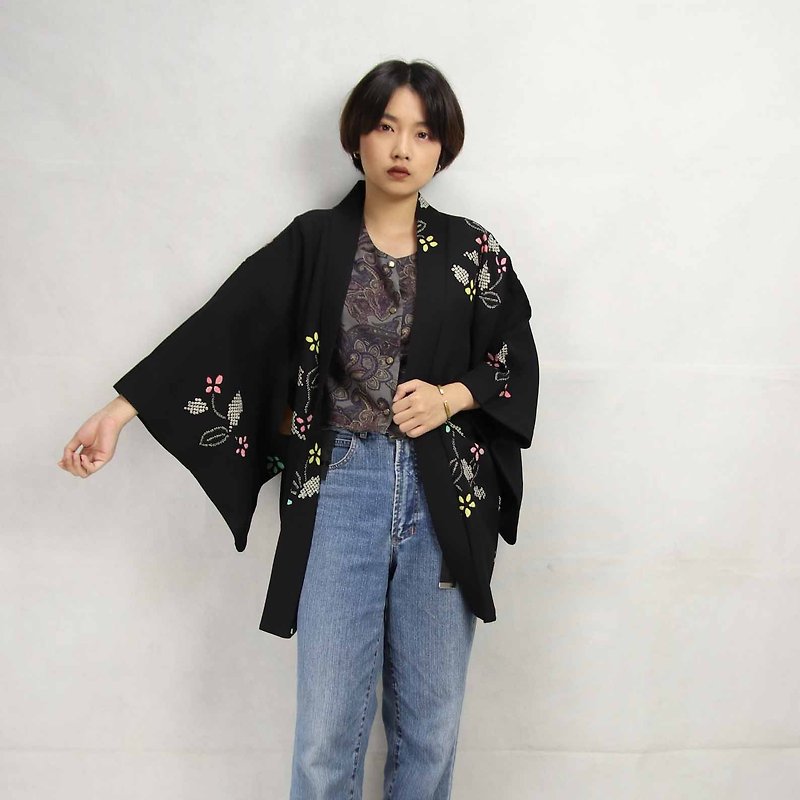 Tsubasa.Y Ancient House 016 Childlike flowers hand-painted feather woven, blouse jacket kimono and Japanese style - เสื้อแจ็คเก็ต - ผ้าไหม 