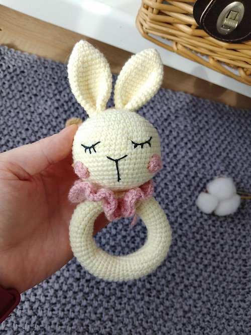 Rizhik_toys Natural Baby Toys Cotton Crochet Bunny Teether.Teether toy for babies bunny gift