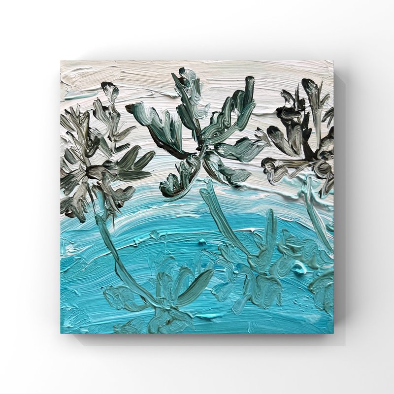 Maldives Beach Oil Painting Palm Trees Shadows Art Beige Turquoise Painting Mini - 海報/掛畫/掛布 - 其他材質 多色