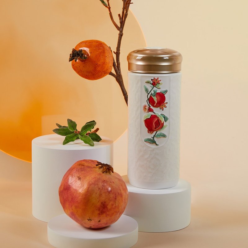 乾唐軒活瓷 | 榴花碩果隨身杯 / 大 / 雙層 / 描金 / 牙白 330ml - 水瓶/水壺 - 瓷 白色