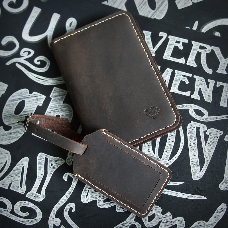 Traveller Set - Passport holder + Luggage Tag Handmade Crazy Horse Leather - Passport Holders & Cases - Genuine Leather Brown