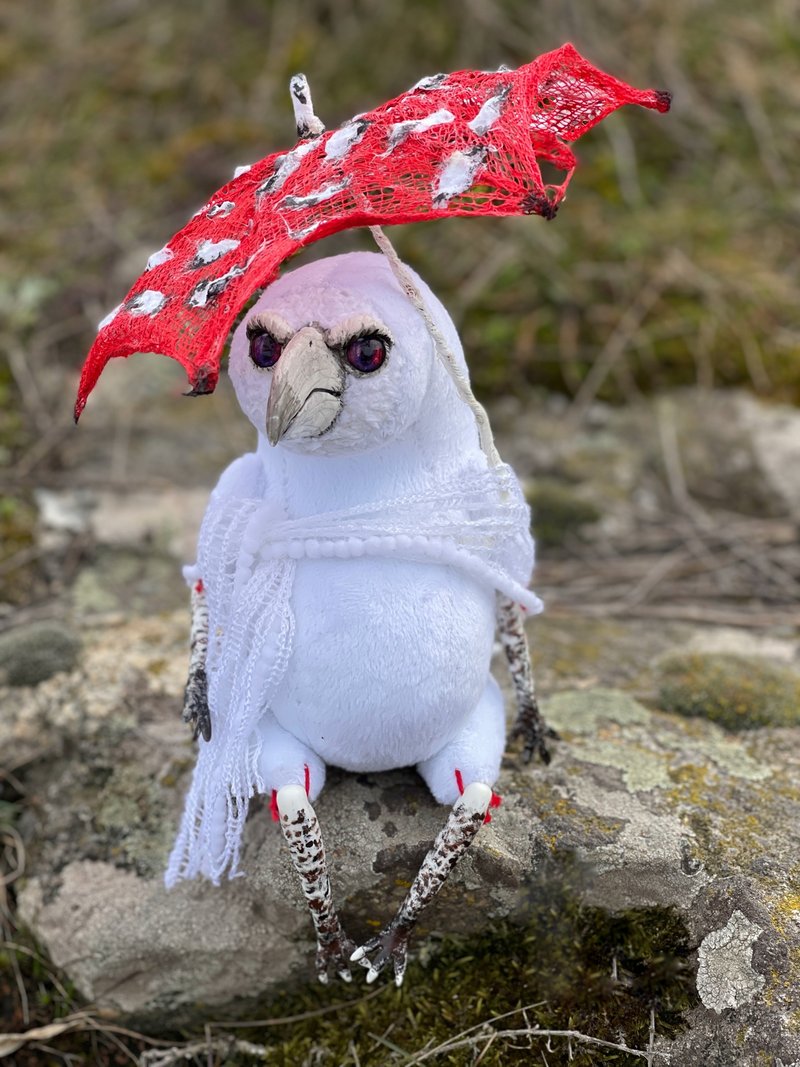 White Amanita Crow doll, Albino raven puppet, mushroom crow puppet - 玩偶/公仔 - 黏土 白色