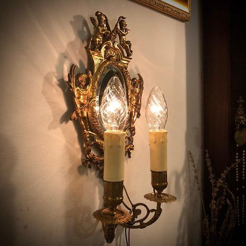 CT歐美老件古董雜貨舖 法國Art nouveau時期橢圓斜邊鏡天使黃銅壁燈一盞