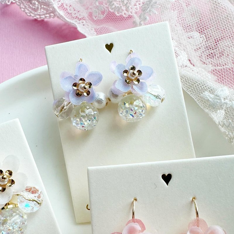 Rosy Garden 雪紡重瓣櫻花水晶球耳環 簡約款 - 耳環/耳夾 - 玻璃 紫色