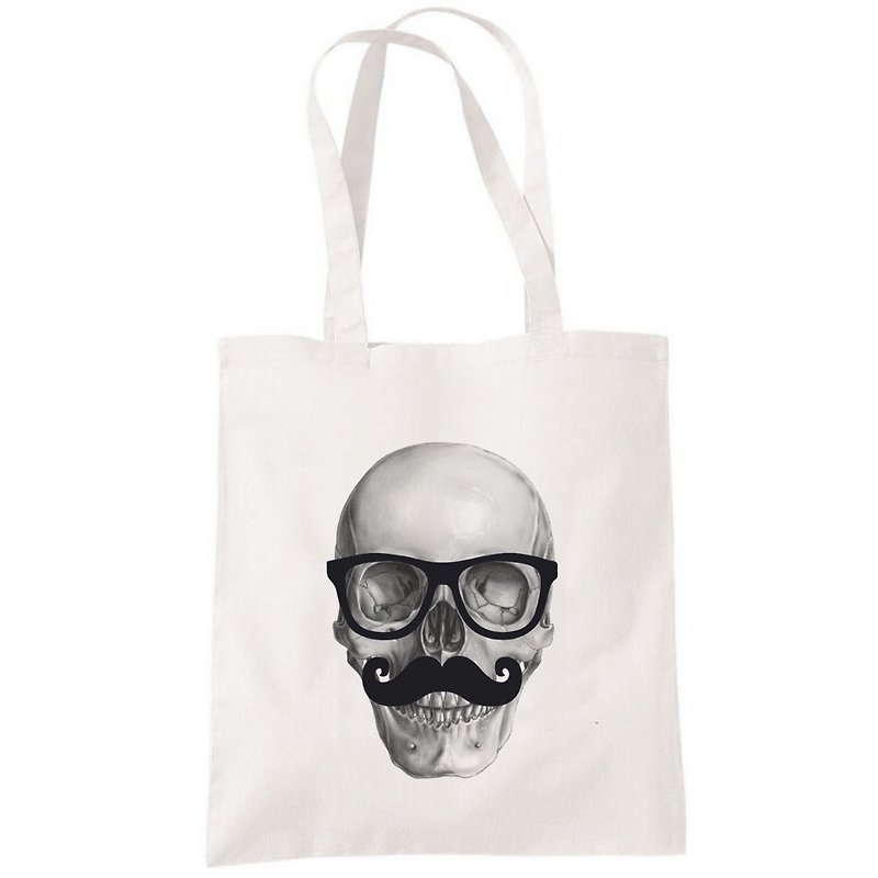 Mr Skull 帆布包 購物袋 米白 骷髏 鬍子 秋冬 禮物 眼鏡 - 手提包/手提袋 - 其他材質 白色