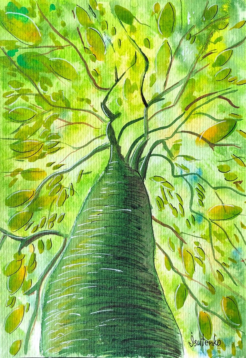 Oak Painting Tree Original Artwork Green Watercolor Tree Of Life Wall Art - 海報/掛畫/掛布 - 紙 綠色