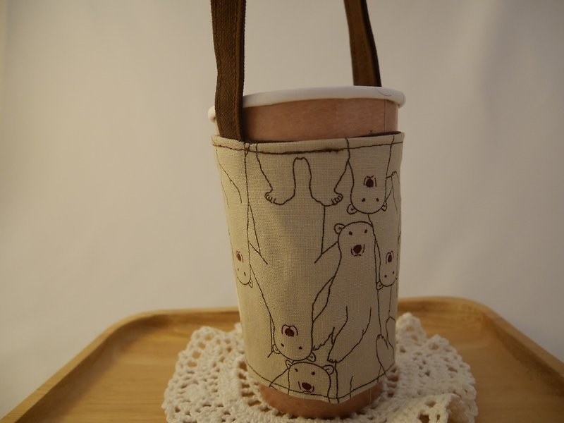 Hello! Polar bear takeaway drink cup bag - ถุงใส่กระติกนำ้ - ผ้าฝ้าย/ผ้าลินิน สีกากี
