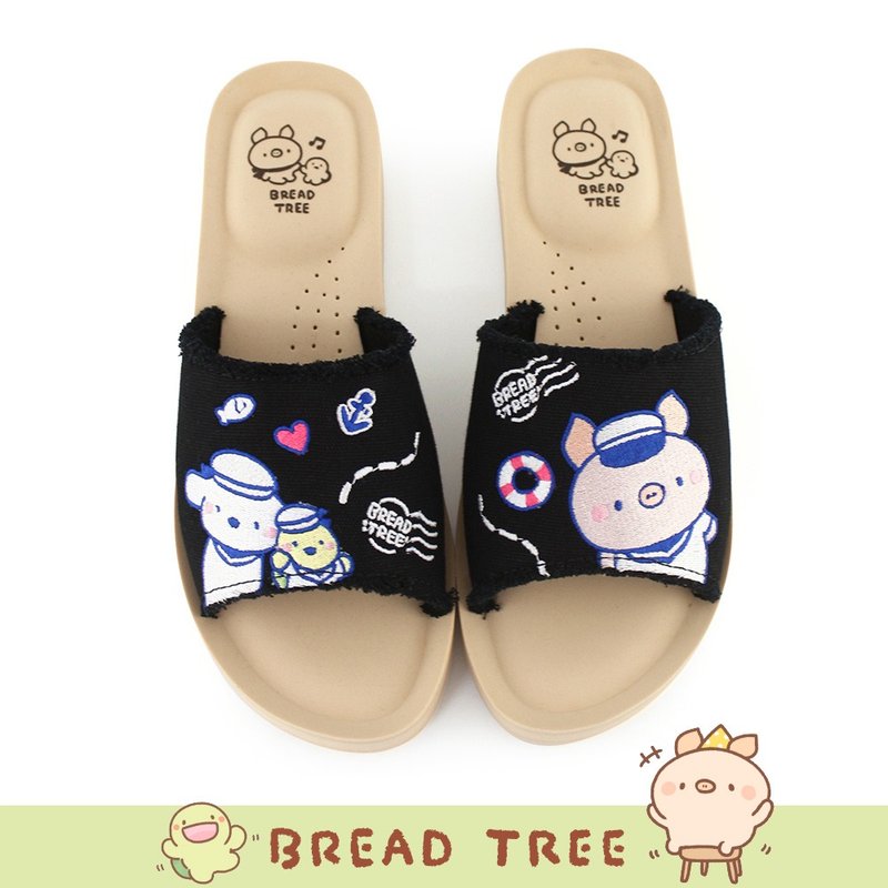 Paidal xBreadtree ocean sailor denim thick-soled one-piece air cushion slippers - black - รองเท้าแตะ - หนังเทียม สีดำ