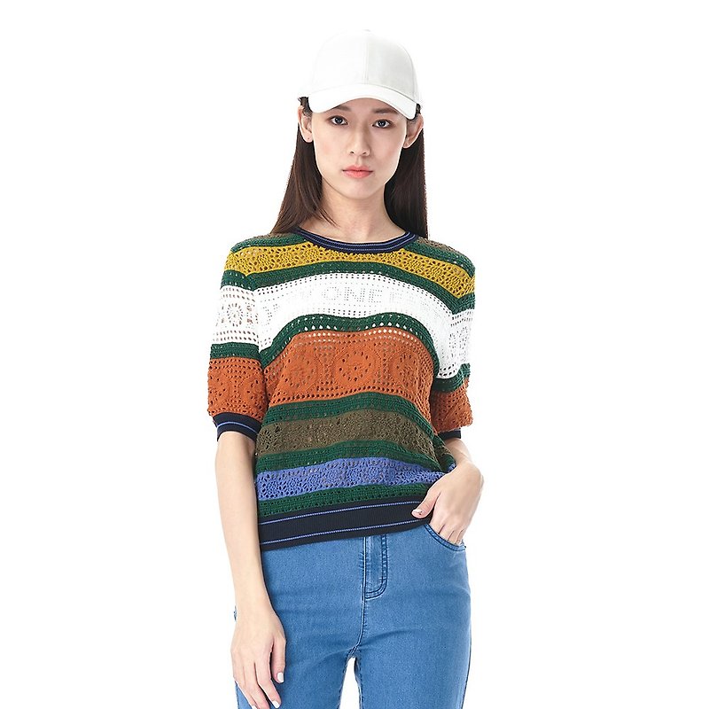 Retro Patchwork Contrast Color Lace Mesh Short Sleeve Knit Sweater-Composite Color