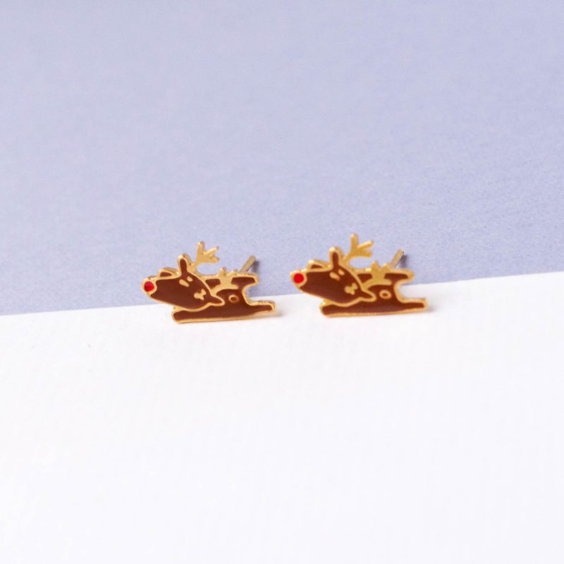 Holiday Elk | World-weary small animal earrings Clip-On birthday gift - Earrings & Clip-ons - Enamel Gold