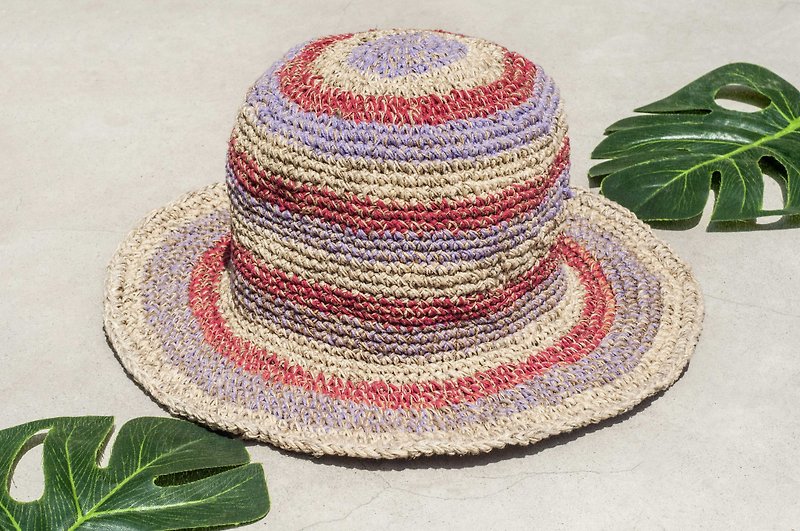 Hand-woven cotton knit cap hat cap Linen straw hat - Strawberry Striped South taro - Hats & Caps - Cotton & Hemp Multicolor