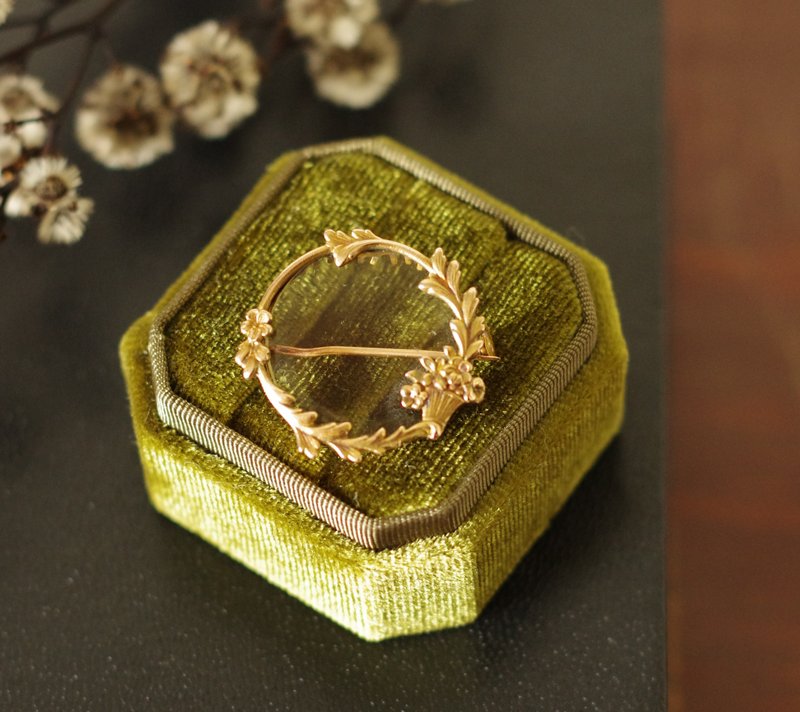 Antique骨董金色新藝術葉片透明照片別針法國 Bijoux Fix B1677 - 胸針 - 其他金屬 金色