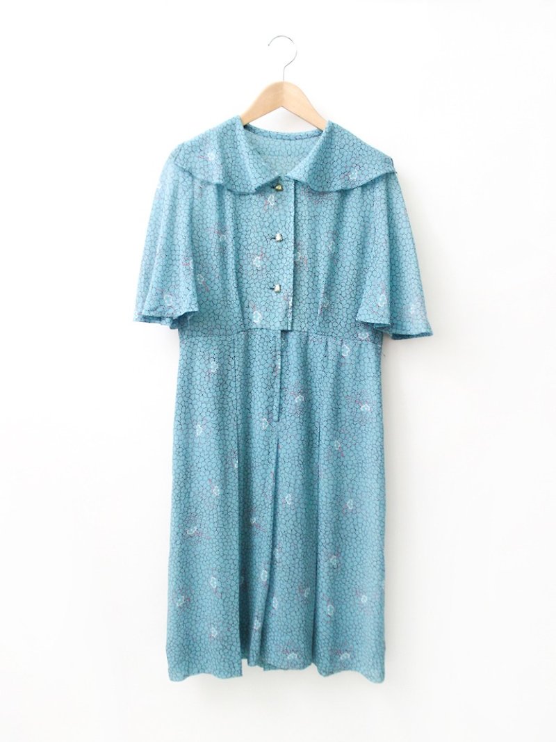 【RE1004D1414】早秋日本製復古小花朵翻領水藍色短袖寬鬆古著洋裝 - 連身裙 - 聚酯纖維 藍色