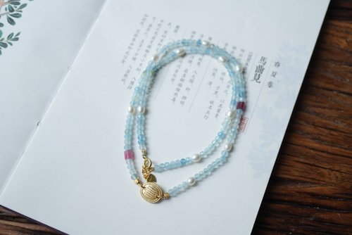 Angel's tears 天使之淚 Jewelry Design 3mm天然海藍寶切面珠 珍珠碧璽古法銀設計多圈手串項鍊s