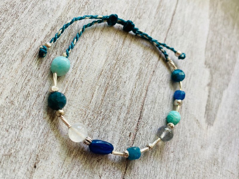 Blue communication blue crystal blue phosphorite gray moonlight Stone natural stone sterling silver braided bracelet and anklet - Bracelets - Sterling Silver Blue