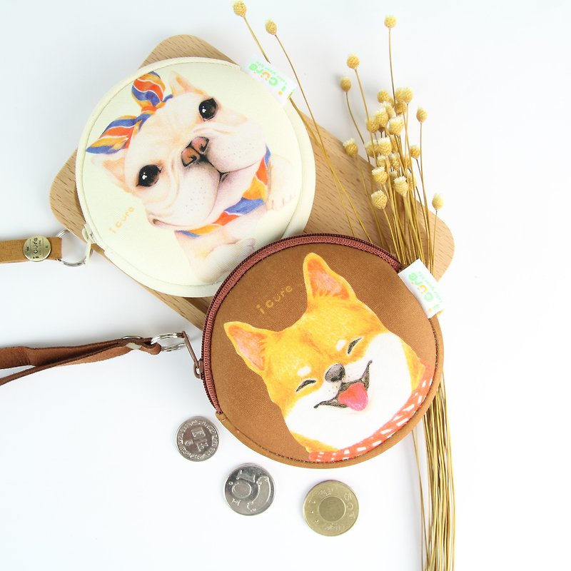 i money brown neck strap coin purse/wallet hand-painted style-H1. Shiba Inu Dog - กระเป๋าใส่เหรียญ - วัสดุกันนำ้ สีนำ้ตาล