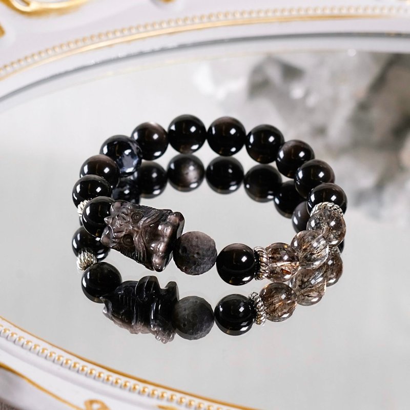 Double-eyed Silver Stone black gold super seven peter Stone lion awakening bracelet natural mineral crystal - สร้อยข้อมือ - เครื่องเพชรพลอย สีดำ