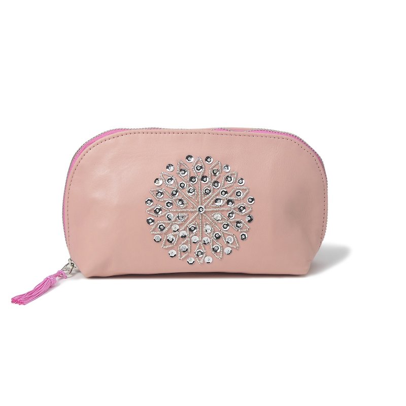 Pink cosmetic pouch moroccan Leather Sequined hand embroider Makeup bag(Large) - กระเป๋าเครื่องสำอาง - หนังแท้ สึชมพู