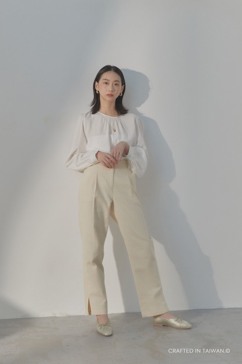 個性棉麻修身前摺高腰褲 / 淡黃色 - 女長褲 - 棉．麻 黃色