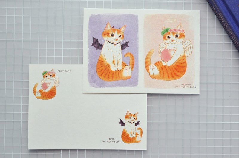 Cat Illustration Postcard-Angel Devil Orange Cat - Cards & Postcards - Paper White