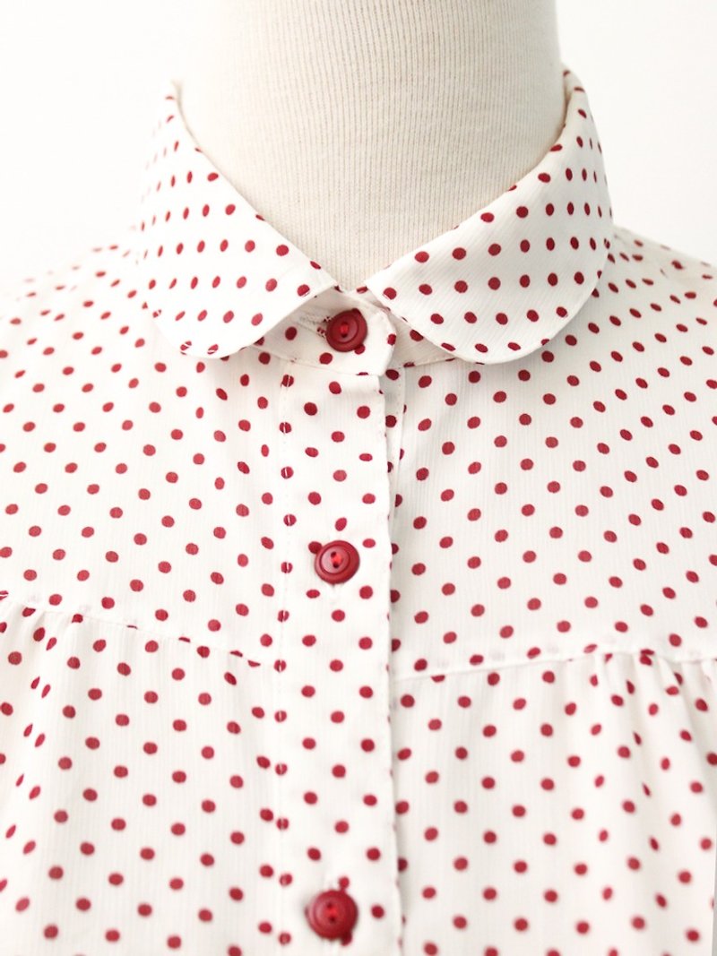 復古日本製可愛甜美紅色圓點點短袖古著襯衫 Vintage Blouse - 女襯衫 - 聚酯纖維 白色