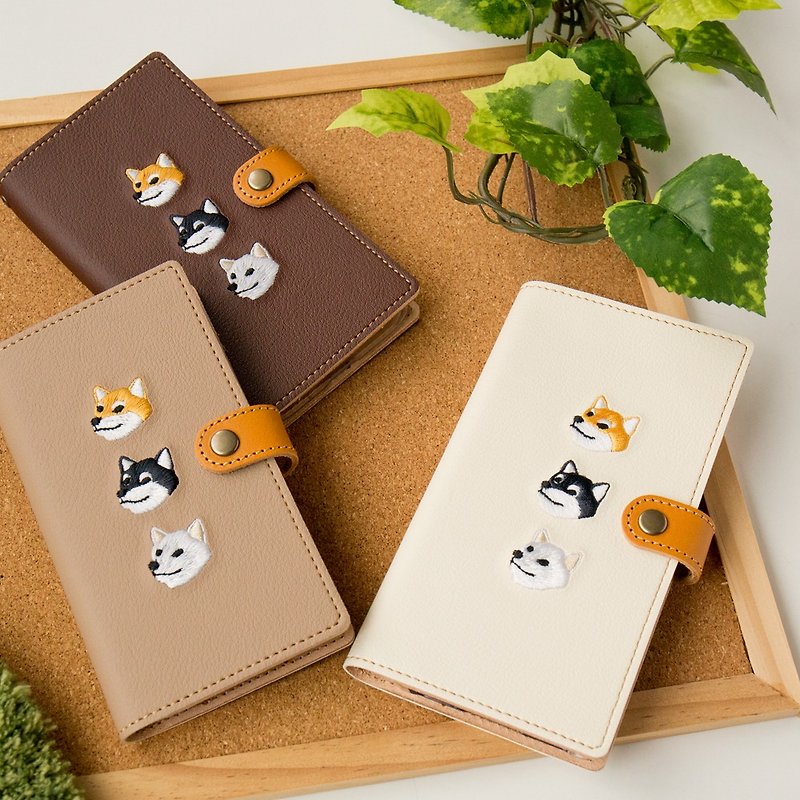 Compatible with all models Smartphone case Notebook type [Embroidered Shiba Inu] Genuine leather Dog Day iPhone Android A097I - เคส/ซองมือถือ - หนังแท้ สีนำ้ตาล