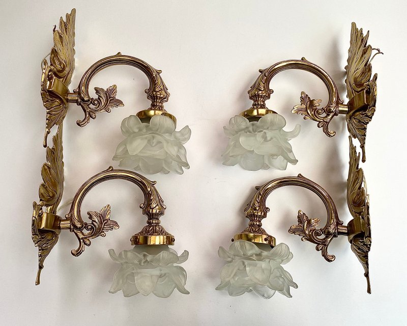 Vintage Wall Sconces Louis XV Style Lighting Set 4 Brass & Glass Lamps - Lighting - Other Metals Gold