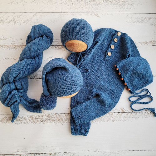 KrisboNewbornProps Blue tweed romper with hat. Newborn photo props.