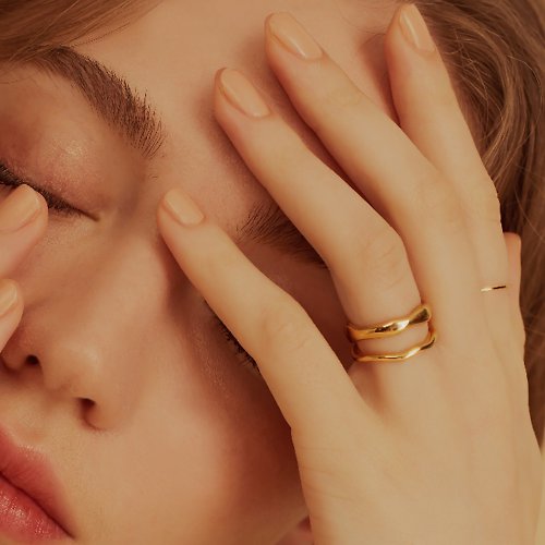 CRéAM 【CReAM】Leila歐美雙環不規則扭轉設計鍍18K金色戒指