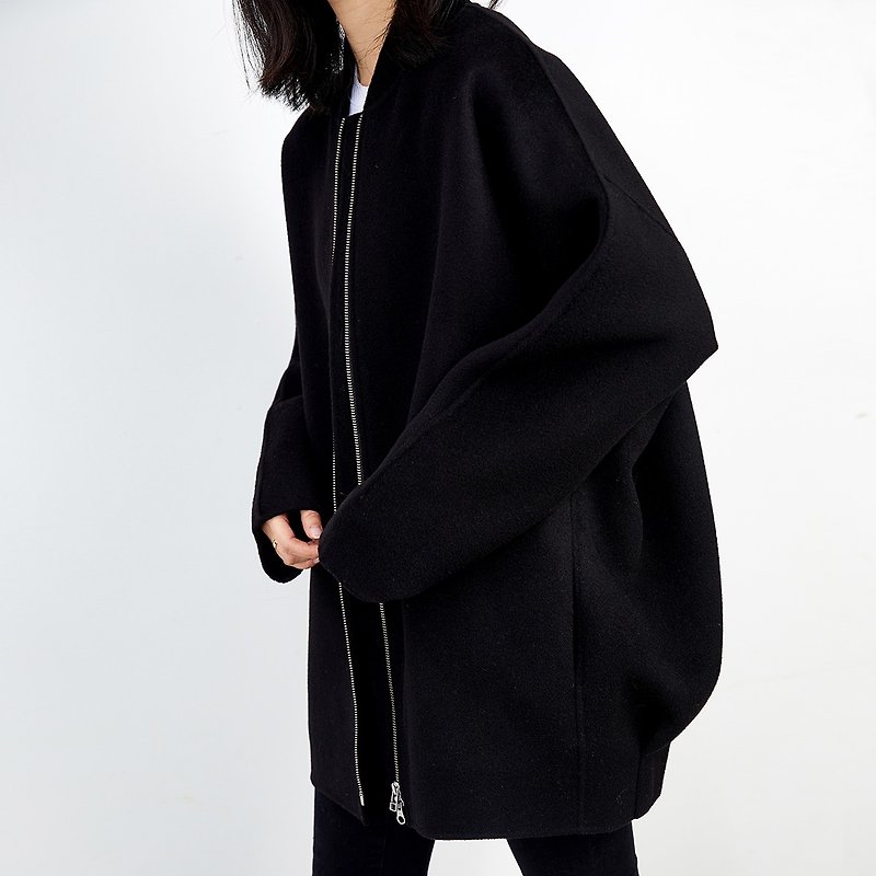 杲果GAOGUO原創設計女裝 黑雙面呢拉鏈立領口袋毛呢中長夾克外套 - 外套/大衣 - 羊毛 黑色