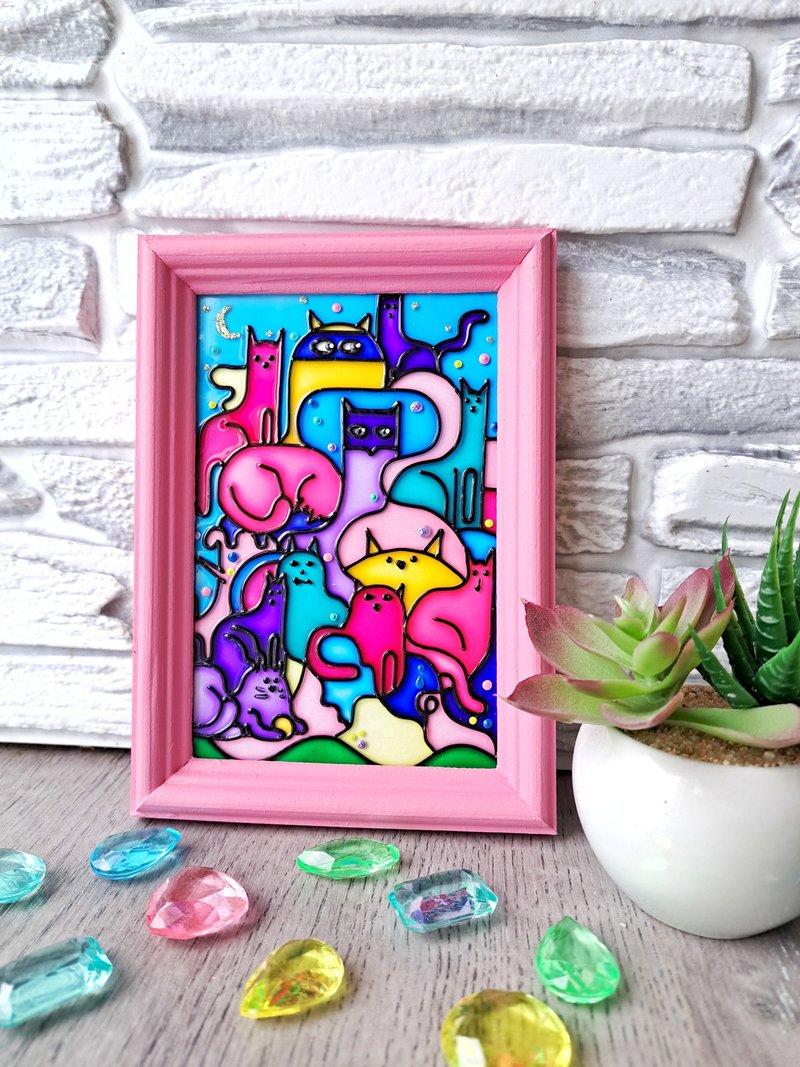 Pink Stained Glass original painting Multicolored cats 13x18 cm Kids room decor - Wall Décor - Glass Pink