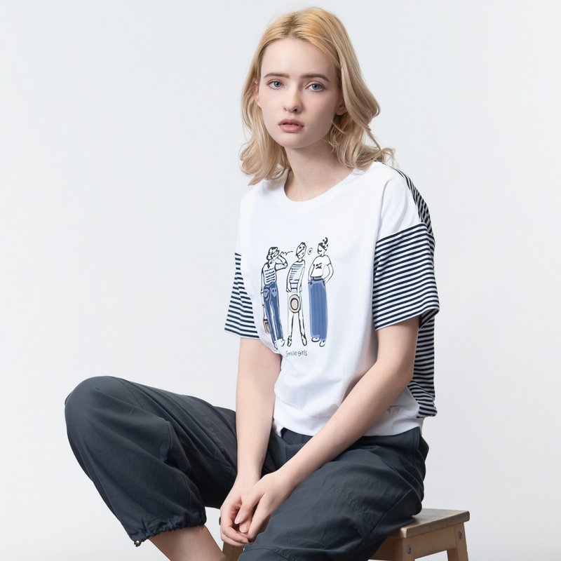 【MEDUSA】條紋拼接女孩插畫T恤(M-XL) | 女短袖T恤 女休閒上衣 - 女 T 恤 - 棉．麻 白色