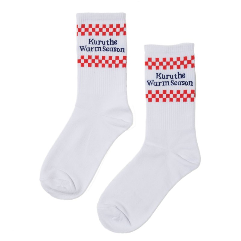 SOCKS white background red check/joint brand/design socks/suitable for men and women - Socks - Cotton & Hemp White