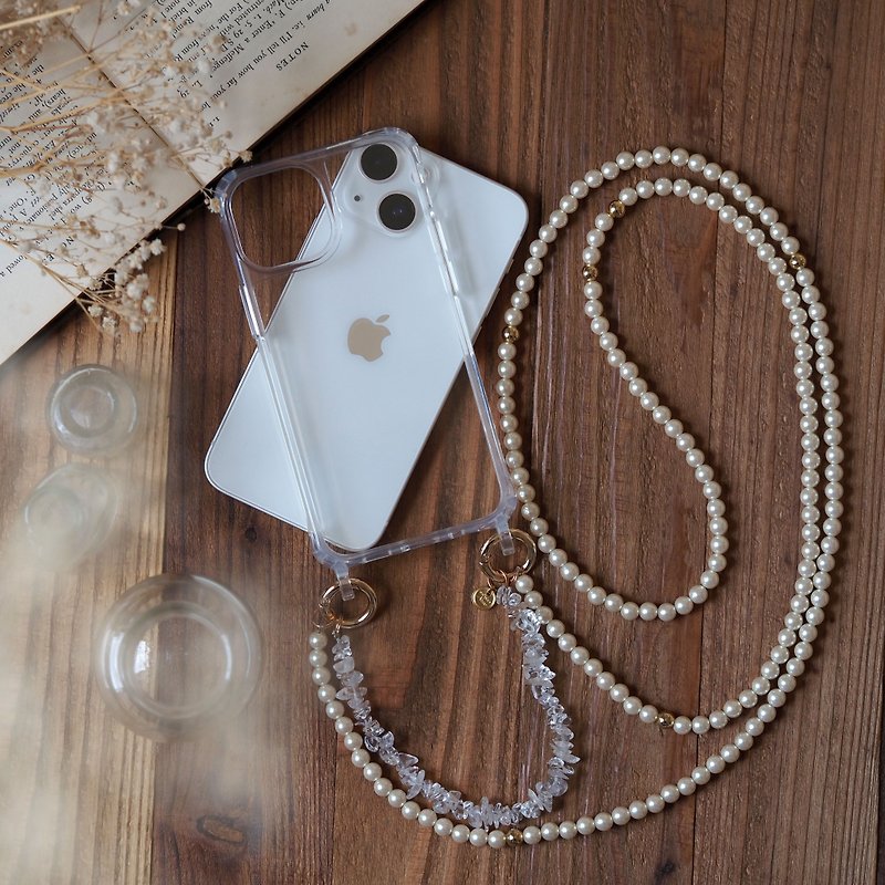 | 3way | Natural stone crystal x pearl smartphone shoulder | Compatible with all models | 1 or 2 rows | SS1 - Phone Accessories - Pearl Transparent